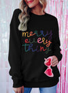 Women's Cozy Black Merry Everything Tinsel Sweatshirt - Casual Holiday Graphic Top for Festive Comfort