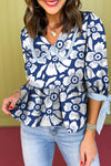 Women's Floral Print Blue Blouse with V-Neck, Striped Trim, Peter Pan Collar & Half Sleeves - Chic and Stylish