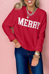 Cozy Women's Racing Red MERRY Christmas Raglan Sweater - Stylish Holiday Knit with Fun Letter Print for Festive Cheer