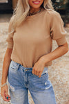Women's Cozy Light Beige Knit Sweater with Short Puff Sleeves – Chic Casual Top for Effortless Everyday Style