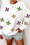 Cozy Women's White Sequin Fleur De Lis Sweatshirt - Stylish Mardi Gras Pullover for Festive Celebrations