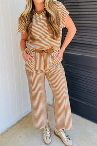 
Stylish Women's Khaki Striped Two-Piece Set - Flattering Casual Outfit with Trendy Design for Effortless Elegance