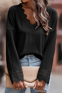 
Women's Black Ribbed V-Neck Long Sleeve Top with Lace Trim Chic & Comfortable Everyday Essential for Stylish Looks