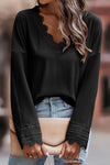 Women's Black Ribbed V-Neck Long Sleeve Top with Lace Trim – Chic & Comfortable Everyday Essential for Stylish Looks