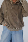 Women's Cozy Dark Brown Mineral Wash Hooded Sweatshirt with Button Detail and Adjustable Drawstring - Casual Chic Style