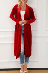Fiery Crimson Velvet Open Front Long Duster with Pockets