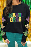 Women's Black Chenille Long Sleeve Sequin Top - Chic Fleur-de-lis Design for Mardi Gras Festivities