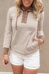 Women's Khaki Striped Hoodie Sweatshirt with Contrast Patchwork, Button Details, and Pocket for Casual Comfort