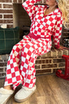 Women's Red Checkered Half Zip Hoodie & Loose Fit Pants Lounge Set for Cozy Casual Style and Comfort