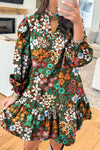 Women's Brown Floral Embroidered Dress with Ruffle Trim and Long Sleeves - Stylish Spring Outfit for Special Events