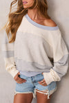 Cozy Women's Beige Striped Baggy Sweatshirt - Casual Round Neck Pullover for Everyday Comfort and Style