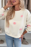 Cozy Beige Floral Crochet Sweatshirt for Women - Casual Chic Drop Shoulder Style, Perfect for Everyday Comfort
