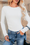 Chic White Ribbed Long Sleeve Bodysuit for Women - Fitted Crew Neck Style, Perfect for Layering or Standalone Wear