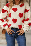 Cozy Women's Fiery Red Plush Crewneck Sweatshirt with Heart-Shaped Drop Shoulders for Stylish Comfort and Warmth