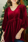 Stylish Women's Burgundy Velvet Peplum Tunic Blouse with Frilly Shirred Detail and V-Neck for Effortless Elegance
