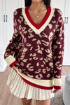 Stylish Women's Red Leopard Print V-Neck Sweater with Contrast Stripes - Cozy Knit Pullover for Chic Casual Looks