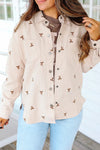 Women's Stylish Jet Stream Corduroy Shacket with Bow Embroidery - Chic Button-Down Layer for Effortless Fall Fashion