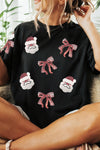 Festive Women's Black Sequined Christmas T-Shirt with Santa Bow Patch - Perfect Holiday Style for Celebrations