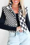 Women's Black Checkerboard Zip-Up Vest with Stand Collar and Snap Buttons – Stylish Layering Piece for All Seasons