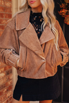 Stylish Women's Chestnut Velvet Jacket with Lapel Collar and Pockets - Cozy Outerwear for Fashionable Fall Looks
