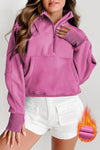 Cozy Women's Fleece-Lined Zip-Up Sweatshirt with Stand Collar and Thumbhole Sleeves in Soft Bonbon Pink