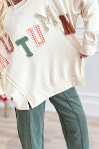 Beige AUTUMN Patched Letter Graphic Pullover Casual Sweatshirt