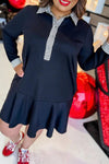 Plus Size Women's Black Striped Polo Dress with Ruffle Hem - Trendy Long Sleeve Style for Effortless Chic Look
