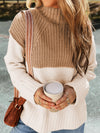 Cozy Parchment Color Block Cable Knit High Neck Sweater with Side Splits