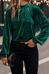 Chic Women's Evergreen Velvet Long Sleeve Blouse with Asymmetric Button Keyhole Neckline for Effortless Style