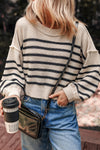 Cozy Women's Black Striped Puff Sleeve Sweater with Drop Shoulders - Trendy Ribbed Knitwear for Fall Fashion
