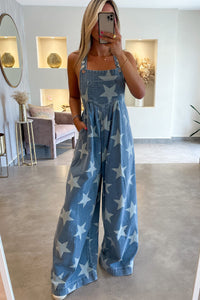 star-print-buttoned-strap-pleat-wide-leg-denim-overall