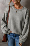 Light Grey Pearled Drop Shoulder Sweater for Women - Cozy Round Neck Knit Top for Chic Casual Style and Comfort