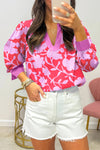 Elegant Red Floral Print Blouse for Women - Split V-Neck, Cuffed Bracelet Sleeves, Chic and Comfortable Fit