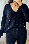Chic Women's Navy Blue Cable Knit Cardigan with Pearl Buttons & V-Neck - Trendy Rhombus Design for Effortless Style