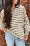 Cozy Women's Green Stripe Dolman Sweater with Pocket - Chic Casual Knit Top for Effortless Everyday Style