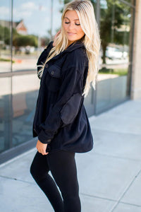 Black Solid Color Exposed Seam Patchwork Button Down Fleece Shacket
