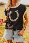 Women's Stylish Black Short Sleeve Sweater with Horse Shoe Design & Contrast Trim - Comfortable Fit for Everyday Wear