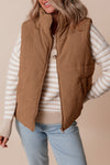 Stylish Women's Coffee Corduroy Zipped Puffer Vest - Cozy Stand Neck Layer for Fall & Winter Fashion