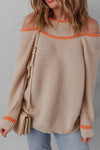 Cozy Women's Parchment Cold Shoulder Sweater with Contrast Trim & Patchwork Design - Relaxed Fit Knit Top