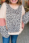 Plus Size Women's Gray Leopard Color Block Pullover - Cozy Baggy Sweatshirt with Reverse Stitch Detail