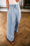 Chic Women's Sky Blue Striped Wide-Leg Chambray Trousers with Tied Elastic Waist for Effortless Comfort and Style