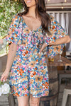 Women's Sky Blue Floral Knot V-Neck Mini Dress with Loose Sleeves Ideal for Casual Summer Outings and Events