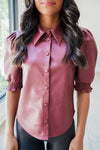 Chic Women's Red Faux Suede Button-Down Shirt with Frills - Stylish Short Sleeve Top for Effortless Elegance