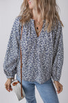 Stylish Women's Blue Floral Puff Sleeve Blouse with Notched V-Neck - Comfortable Summer Top for Effortless Chic