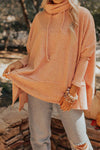 Stylish Apricot Pink Oversized Cowl Neck Knit Top for Women with Side Slits and Cozy Drawstring Detail
