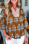 Chic Women's Brown Floral Print Blouse with 3/4 Sleeves, V-Neck, and Stylish Contrast Patchwork Design