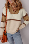 Cozy Women's Colorblock Pullover Sweater in Parchment with Zipped Collar - Perfect for Casual Chic Style