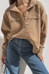 Chic Women's Light Beige Long Sleeve Polo Top with Half Button Detail for Effortless Casual Elegance