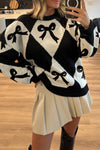 Stylish Women's Black and White Bow Print Loose Knit Sweater with Rhombus Design for Cozy Everyday Fashion
