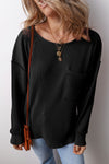 Stylish Women's Black Corded Drop Shoulder Long Sleeve Top - Cozy Everyday Essential for Effortless Chic Looks